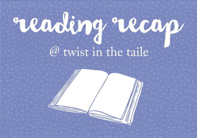 The words 'reading recap' in a white brush script over a blue patterned background, with the words 'at twist in the taile' and an illustration of an open book below.