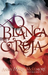 Cover of Blanca & Roja. Abstract illustration of a swan turning into petals and the title in fairy-tale font.