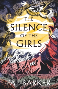 Cover of the Silence of the Girls. Four women are depicted running, with storm clouds, plants an abstract waves surrounding the outside of the cover. An Ancient Greek hero on a plinth stands out in the background.